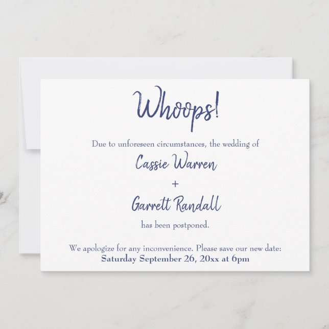 Whoops! Navy White Postponed Wedding Announcement (Front)