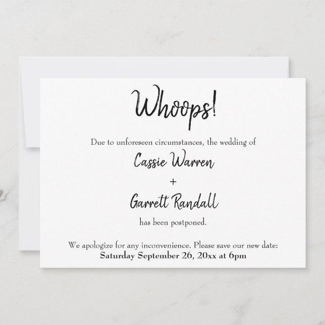 "Whoops!" Postponed Wedding Announcement (Front)
