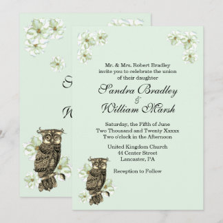 Whoo's Getting Married Gold Owl Flowers Mint Green Invitation