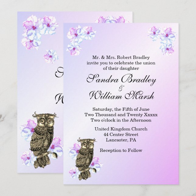 Whoos Getting Married Purple Owl Wedding Invitation (Front/Back)