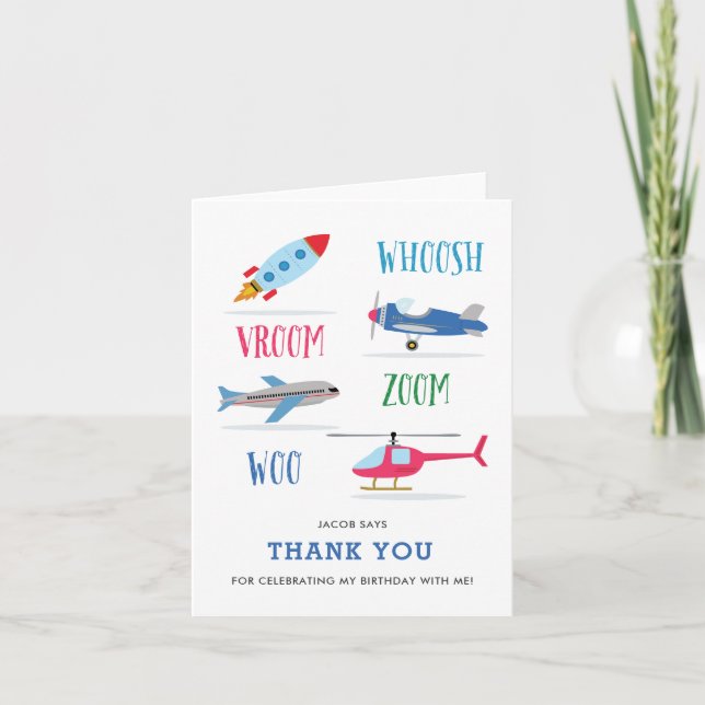 Whoosh Vroom Woo Kid's birthday thank you card (Front)