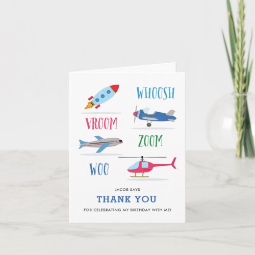 Whoosh Vroom Woo Kids birthday thank you card
