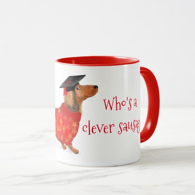 'Who's a clever sausage' dachshund graduation mug (Front Right)