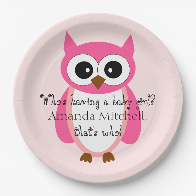 Who's Having A Baby Girl? Pink Owl Baby Shower Paper Plates (Front)