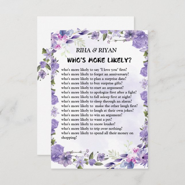 WHO'S MORE LIKELY? WEDDING GAME CARD (Front/Back)