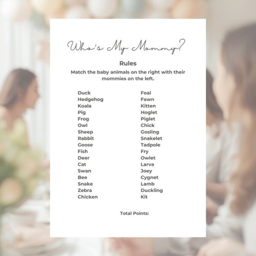 Who's My Mommy Baby Shower Game with Answers Letterhead