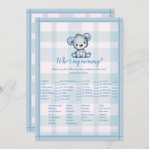 Whos My Mommy Cute Gray Bear Boy Shower Game Invitation