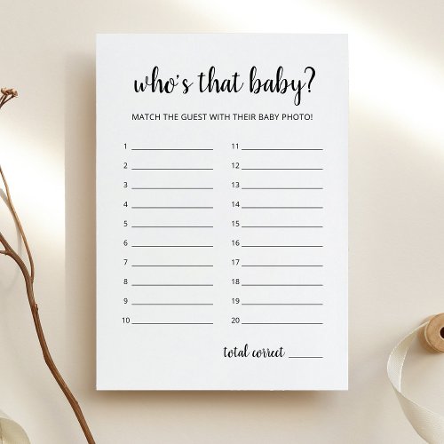 Whos that baby Game Baby Shower Party Card