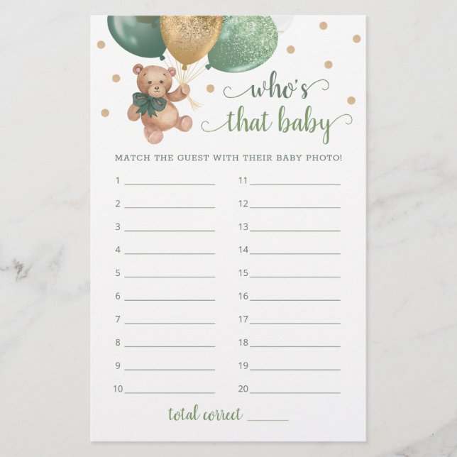 Who's That Baby Photo Game Baby Shower Teddy Bear  (Front)