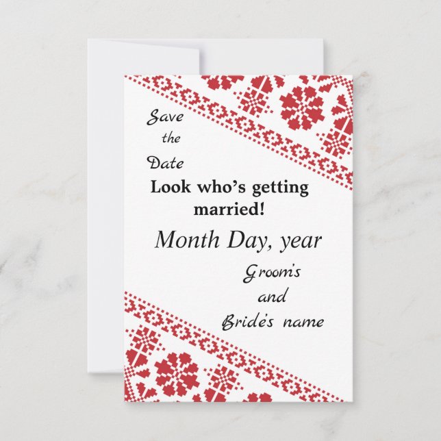 Wht and Rd Tatreez Wed. Save/the/Date Announcement (Front)