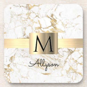 Wht & Gold Marble Gold Box, Script Name & Monogram Beverage Coaster