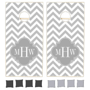 Wht LG Chevron Dk Gray 3I Monogram Cornhole Set