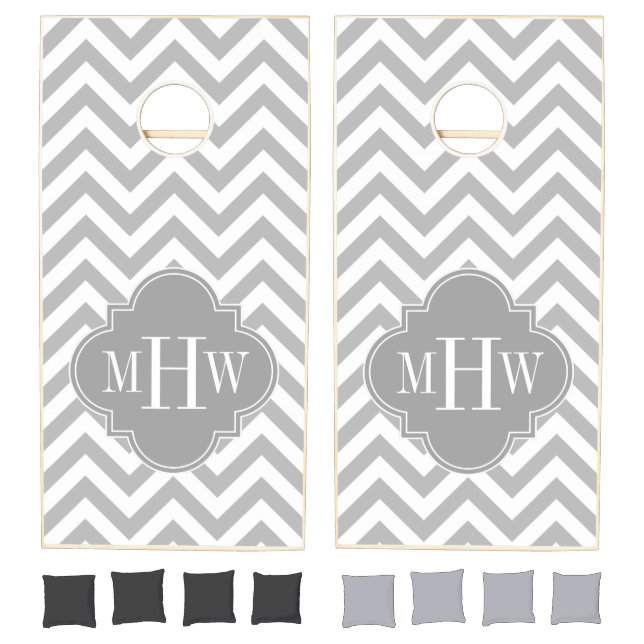 Wht LG Chevron Dk Gray 3I Monogram Cornhole Set (Set)