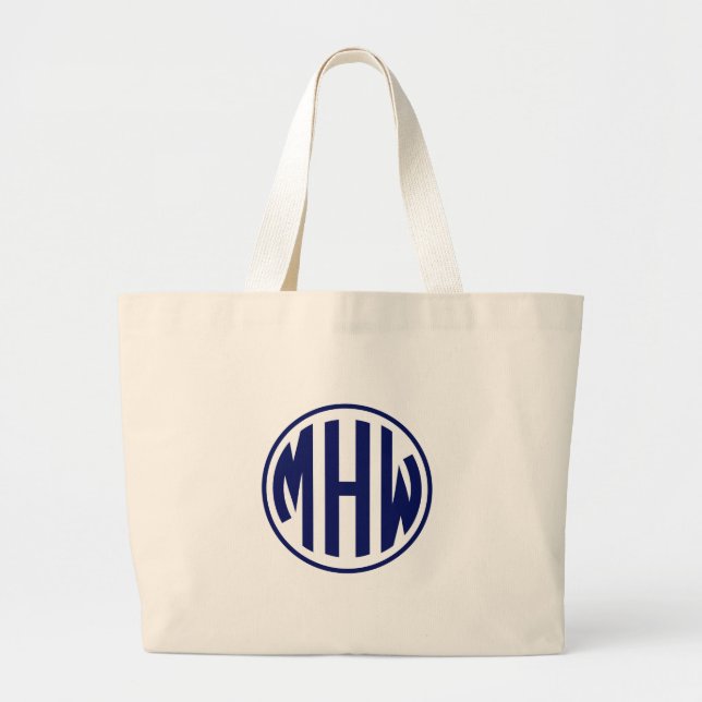 Wht Navy 3 Initial in a Circle Monogram DIY BG Large Tote Bag (Front)