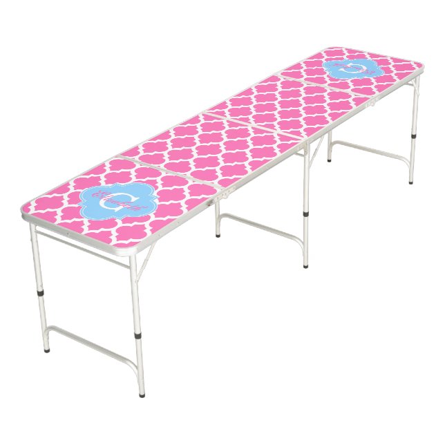 Wht Pink Moroccan #5 1IN Monogram Beer Pong Table (Angled)