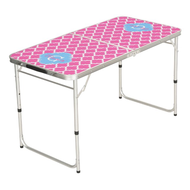 Wht Pink Moroccan #5 1IN Monogram Beer Pong Table (Angled)