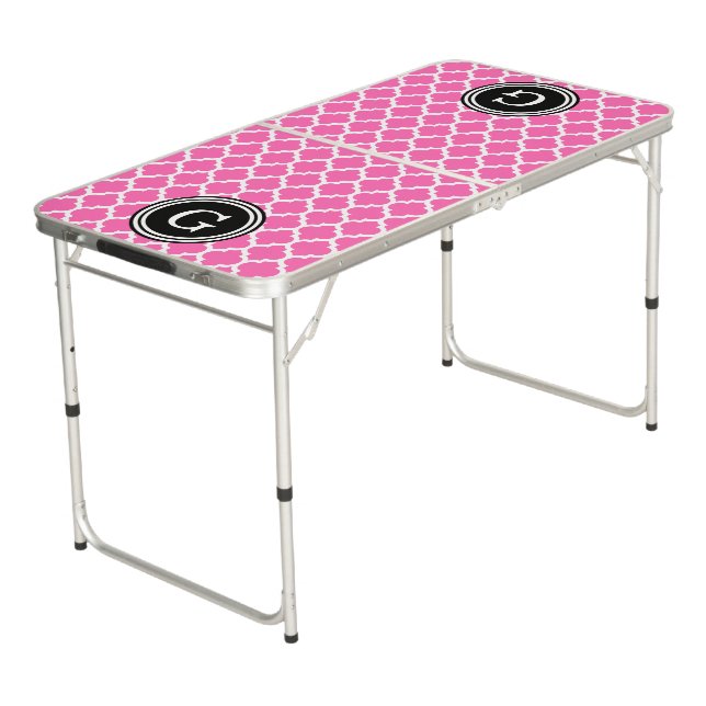 Wht Pink Moroccan #5 1IR Monogram Beer Pong Table (Angled)