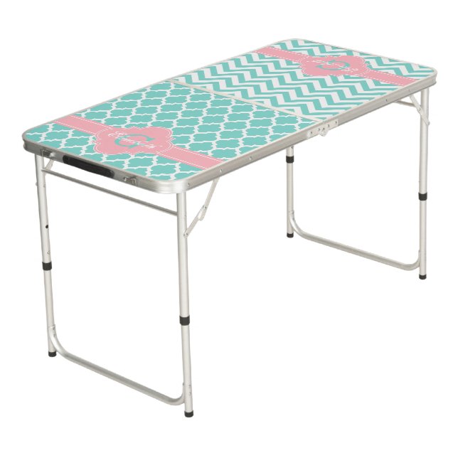 Wht Pink Moroccan #5 Chevron 1IQRN Beer Pong Table (Angled)