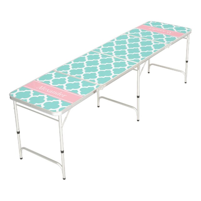 Wht Pink Moroccan #5 Name Monogram Beer Pong Table (Angled)
