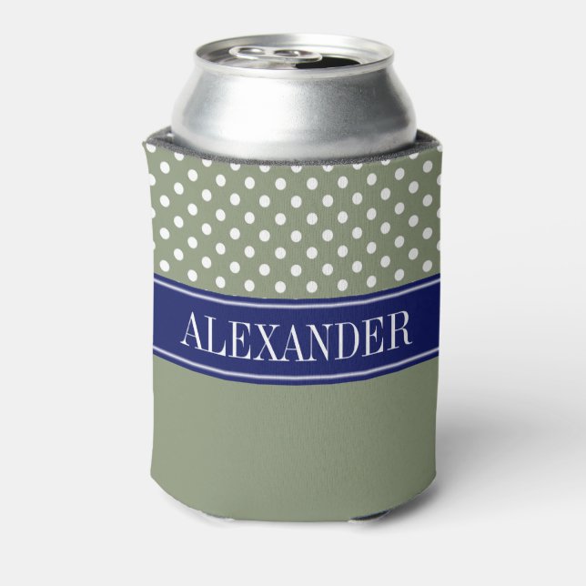 Wht Polka Dot CB Navy Name Monogram Can Cooler (Can Back)