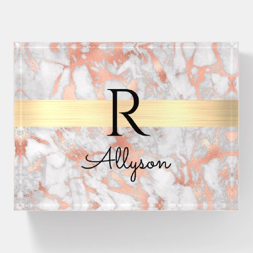 Wht  Rose Gold Marble Gold Bar Blk Name Monogram Paperweight
