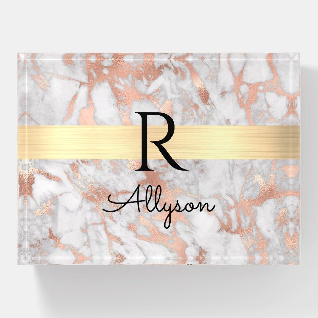Wht & Rose Gold Marble Gold Bar, Blk Name Monogram Paperweight (Front)