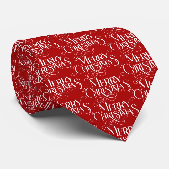 Whte Merry Christmas Retro Typography On Red Neck Tie (Rolled)