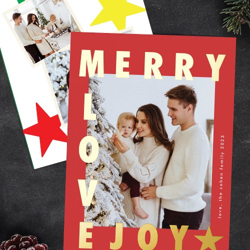 WHTE RED Christmas three photo BOLD MODERN  Gold Foil Holiday Card
