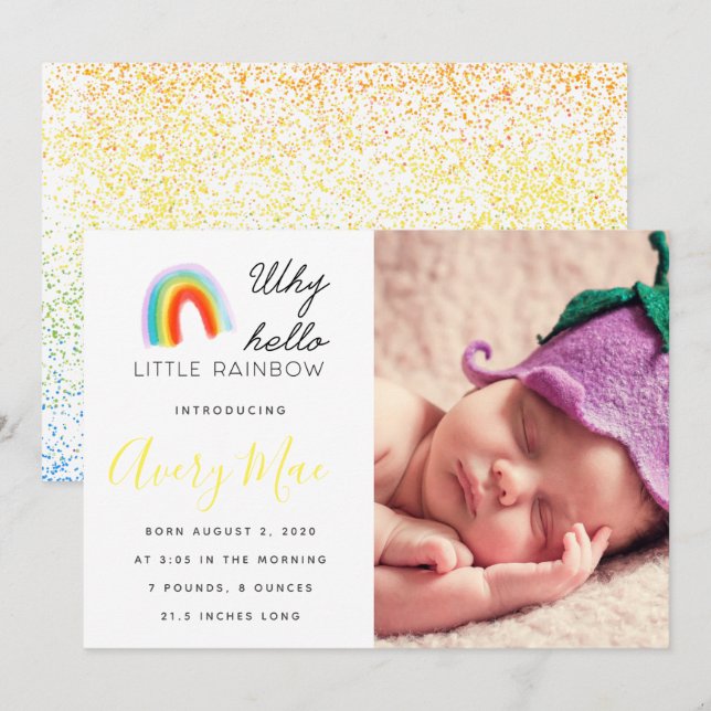 Why Hello Little Rainbow baby Birth Announcement (Front/Back)
