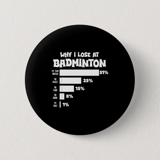 Why I Lose At Badminton Funny Excuses Shuttle Bird Button (Front)
