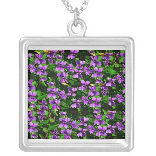WI State Flower Wood Violet Mosaic Silver Plated Necklace