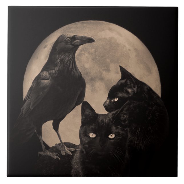 Wicca Cat, Raven and Moon Vintage Ceramic Tile (Front)