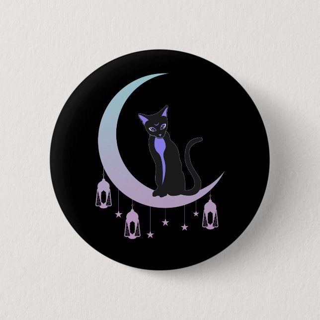 Wicca Crescent Moon Mystical Cat Pastel Goth Button (Front)