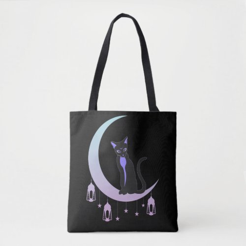 Wicca Crescent Moon Mystical Cat Pastel Goth Tote Bag