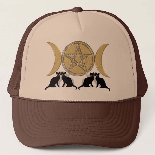 Wicca Pagan Triple Goddess Pentagram Cats Trucker Hat (Front)