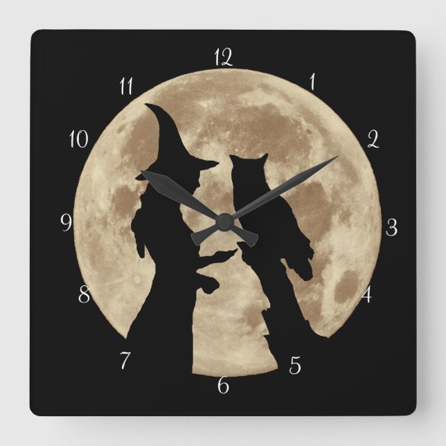 Wicca Witch and Owl Square Wall Clock (Front)