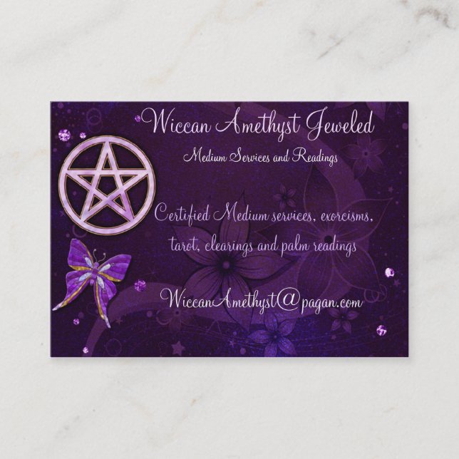 Wiccan Amethyst Jeweled Butterfly Art Business Card (Front)