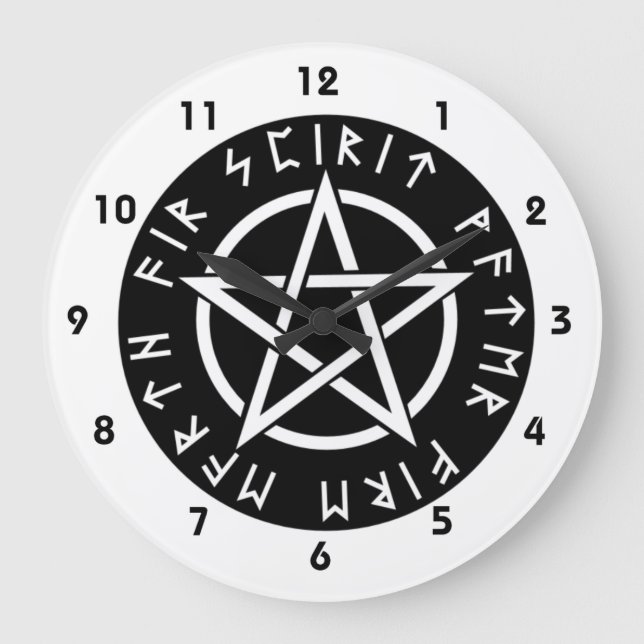 Wiccan Black Runic Pentagram Large Clock (Front)