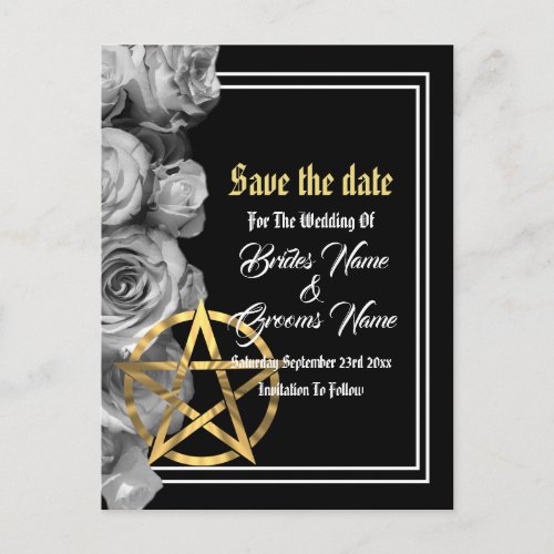 Wiccan black wedding save the date announcement postcard
