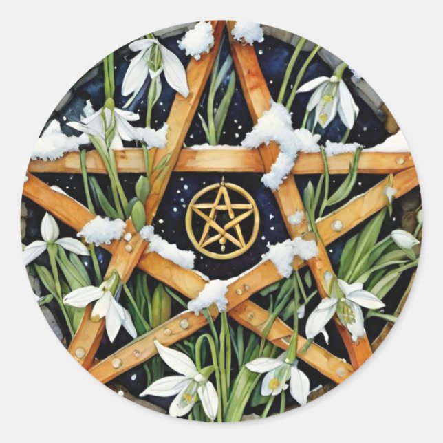 Wiccan Imbolc Candlemas Snowrops Pentacle Classic Round Sticker (Front)