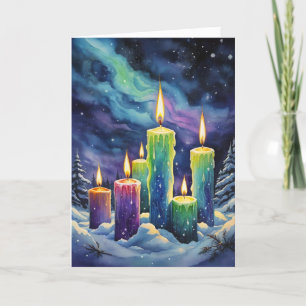 Wiccan Imbolc Rainbow Candles in Snowy Forest Holiday Card