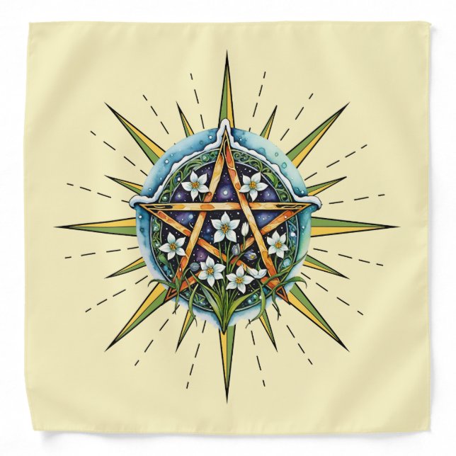 Wiccan Imbolc Sunshine Snow Pentacle Altar Cloth Bandana (Front)