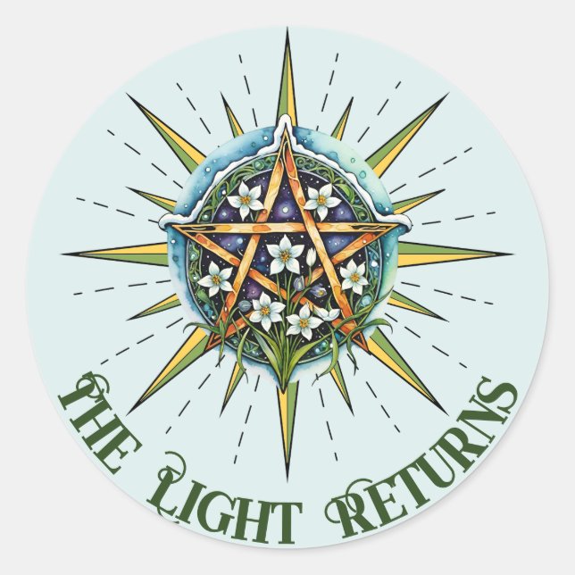Wiccan Imbolc Sunshine Snowrops Pentacle Classic Round Sticker (Front)