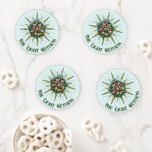 Wiccan Imbolc Sunshine Snowrops Pentacle Coaster Set
