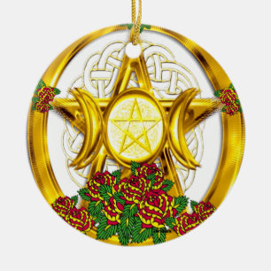 Wiccan Pagan Pentacle Gold With Roses Ceramic Ornament
