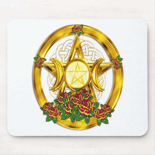Wiccan Pagan Pentacle Gold With Roses Mouse Pad (Front)