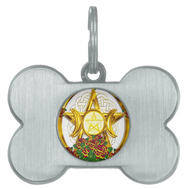 Wiccan Pagan Pentacle Gold With Roses Pet Tag (Front)