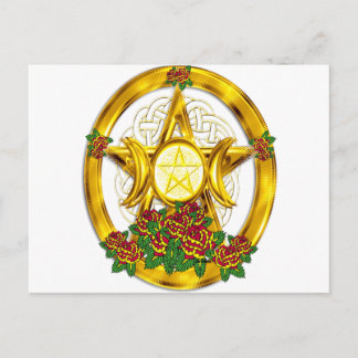 Wiccan Pagan Pentacle Gold With Roses Postcard