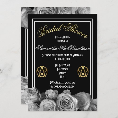 Wiccan pentacle black floral bridal shower invitation
