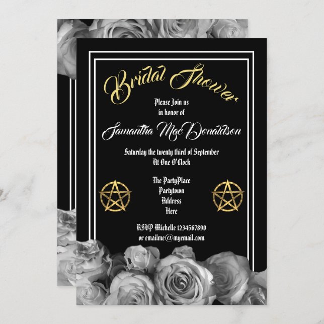 Wiccan pentacle black floral bridal shower invitation (Front/Back)